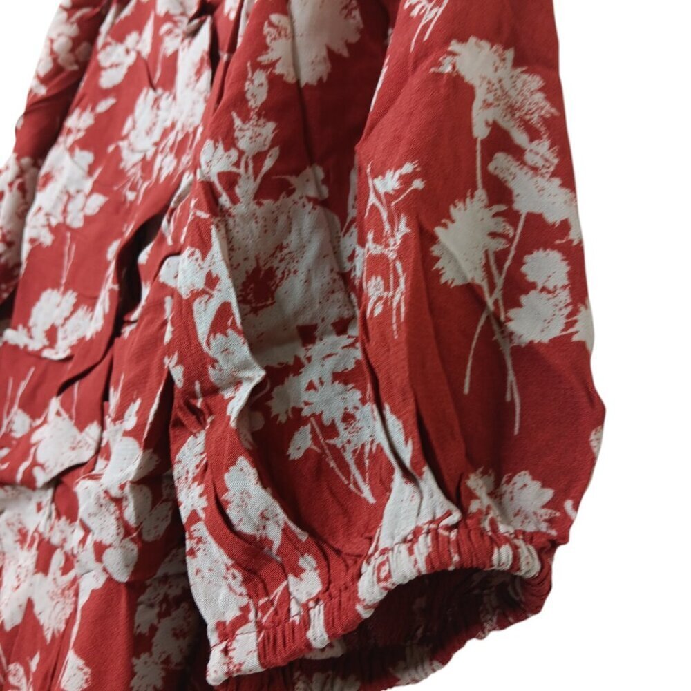 Easel Red Floral Dress Sweetheart Neckline Bubble Sleeve Ruched Bodice SZ L - Picture 7 of 13